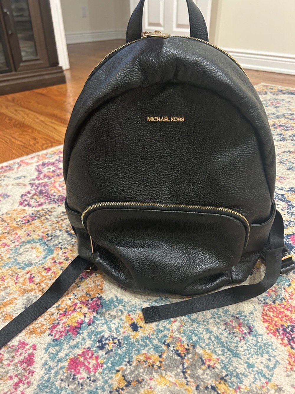 Michael Kors Black Pebbled Leather Medium Backpack with Gold Hardware